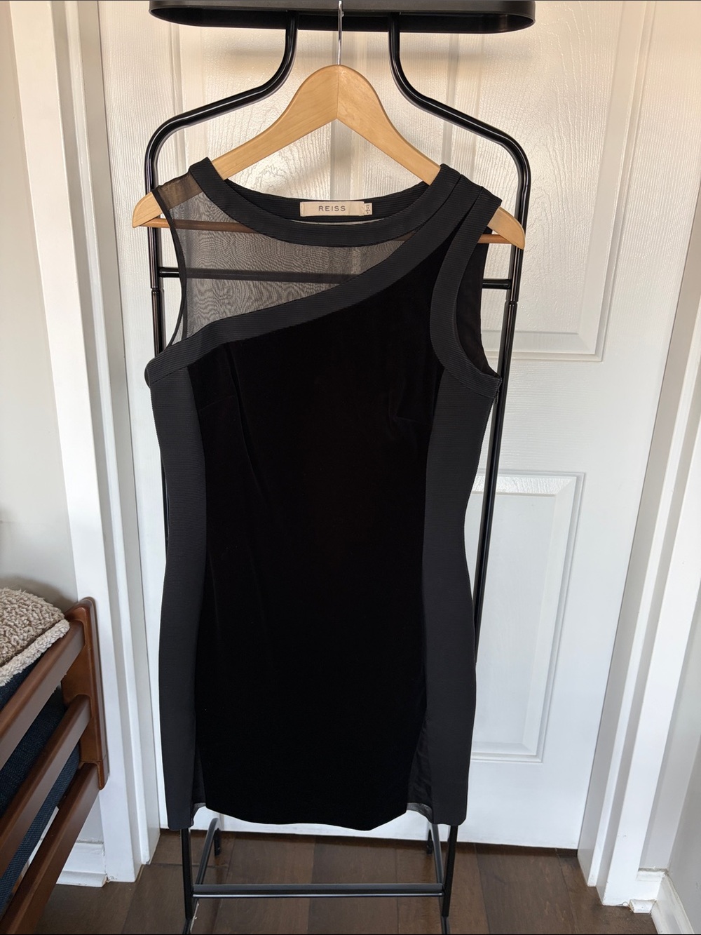 Reiss Black Asymmetric Mesh-Panel Sheath Dress